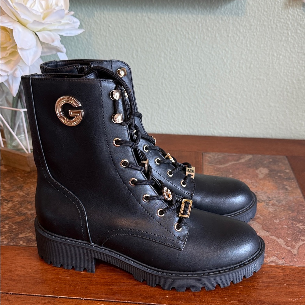 GBG Los Angeles Black Combat Boots with Gold Accents